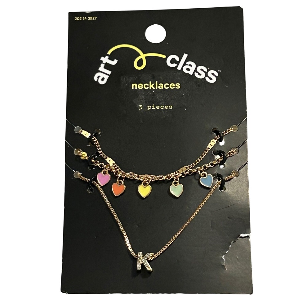 Art Class Necklaces 3 Pieces Rainbow Hearts Initial K Charm Gold Tone Choker Set